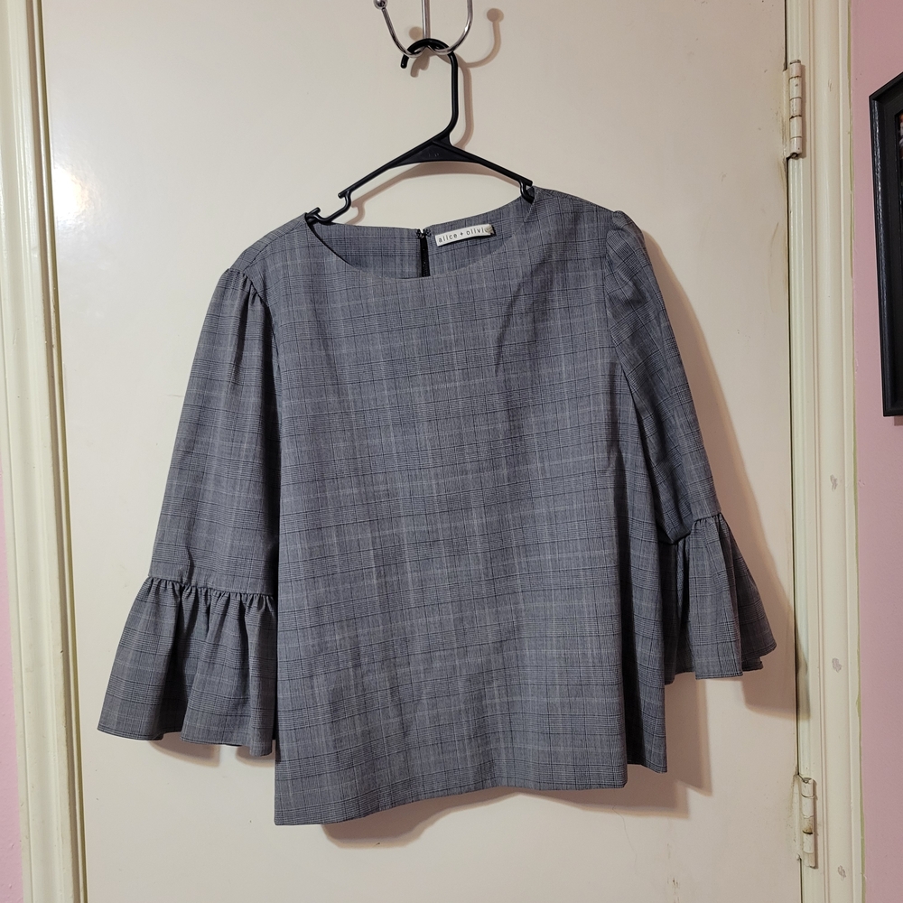 Alice + Olivia Charcoal Checkered Bell Sleeve Top
